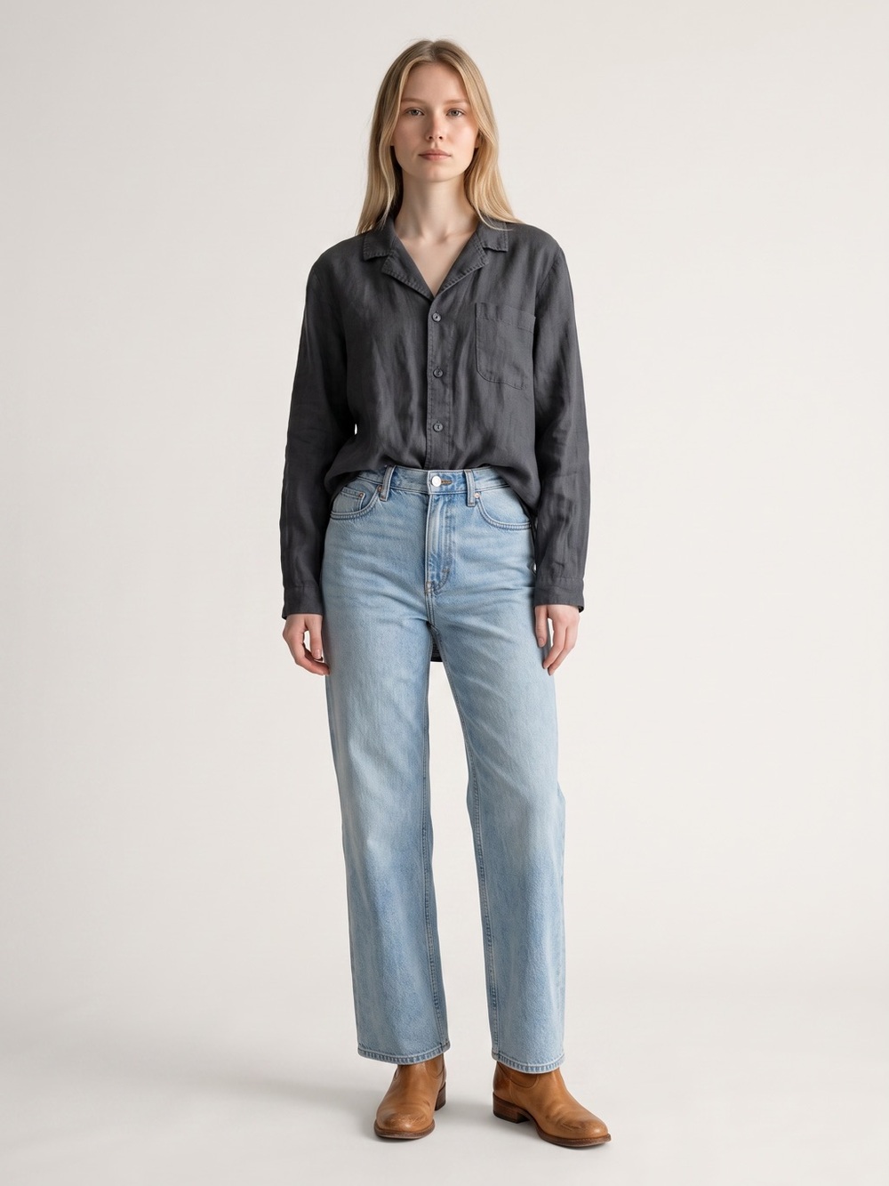 Flax Women's Charcoal Button-Down Linen Shirt